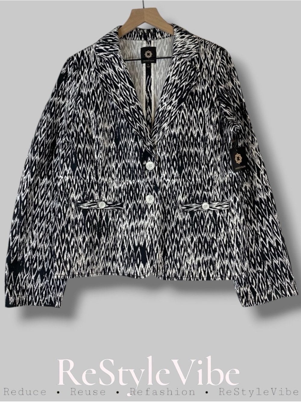 AMBER SUN Women’s Size L Large Blazer Jacket NEW Black White Stretch Unlined